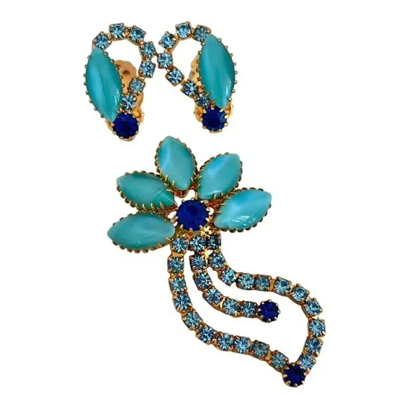 Vintage Brooch & Earrings Set Rhinestones Blue Demi-Parure MCM 9B